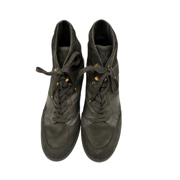 Louis Vuitton Leather Suede Monogram Cliff Top Wedge Sneaker Black Size 40 - Picture 2 of 13